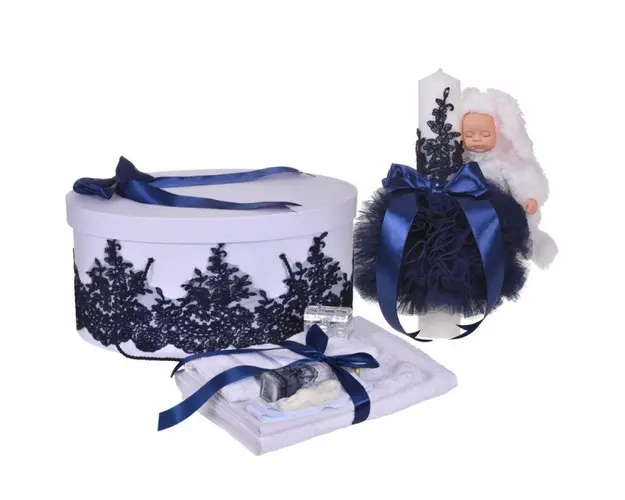 Set elegant trusou botez, cutie trusou si lumanare iepuras pufos, dantela si fundite, decor Bleumarin, Denikos® 927