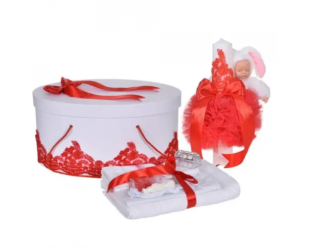 Set elegant trusou botez, cutie trusou si lumanare iepuras pufos, dantela si fundite, decor Rosu, Denikos® 928