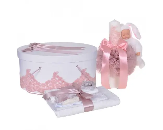 Set elegant trusou botez, cutie trusou si lumanare iepuras pufos, dantela si fundite, decor Roz pudra, Denikos® 929