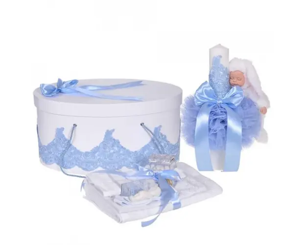 Set elegant trusou botez, cutie trusou si lumanare iepuras pufos, dantela si fundite, decor Bleu, Denikos® 931