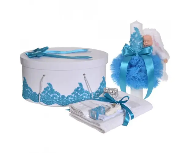 Set elegant trusou botez, cutie trusou si lumanare iepuras pufos, dantela si fundite, decor Turcoaz, Denikos® 933