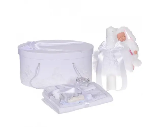 Set elegant trusou botez, cutie trusou si lumanare iepuras pufos, dantela si fundite, decor Alb, Denikos® 934