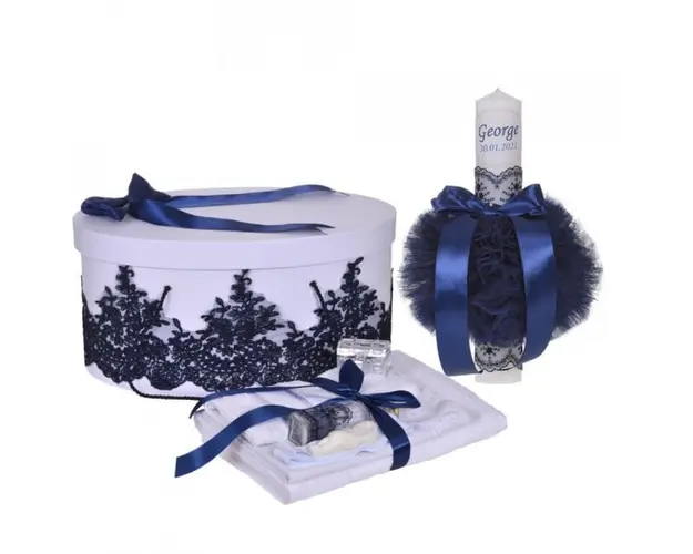 Set elegant trusou botez, cutie trusou si lumanare personalizata cu nume, decor dantela Bleumarin, Denikos® 936