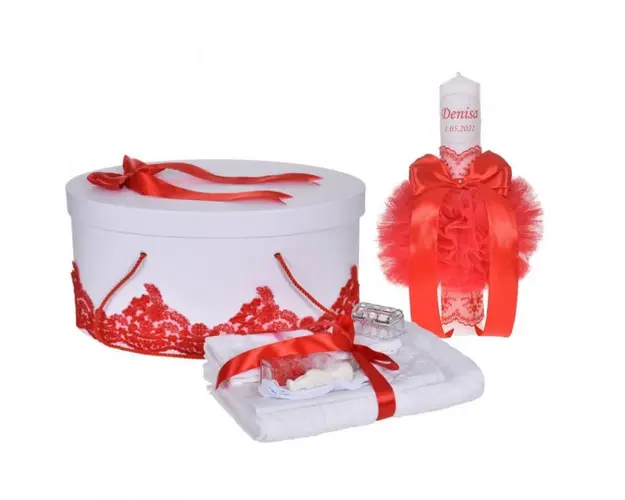 Set elegant trusou botez, cutie trusou si lumanare personalizata cu nume, decor dantela Rosie, Denikos® 937