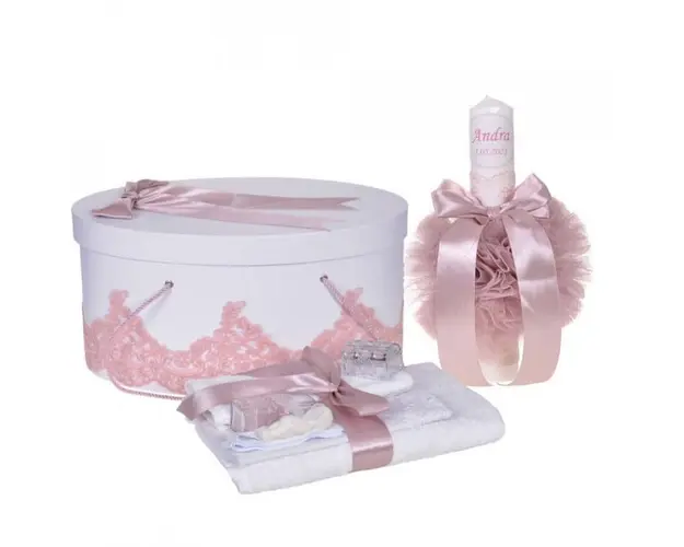 Set elegant trusou botez, cutie trusou si lumanare personalizata cu nume, decor dantela Roz pudra, Denikos® 938