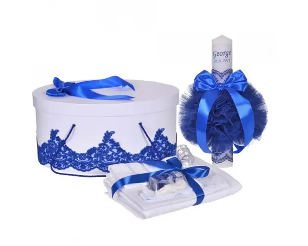 Set elegant trusou botez, cutie trusou si lumanare personalizata cu nume, decor dantela Albastra, Denikos® 939