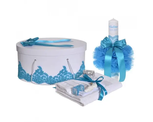 Set elegant trusou botez, cutie trusou si lumanare personalizata cu nume, decor dantela Turcoaz, Denikos® 942