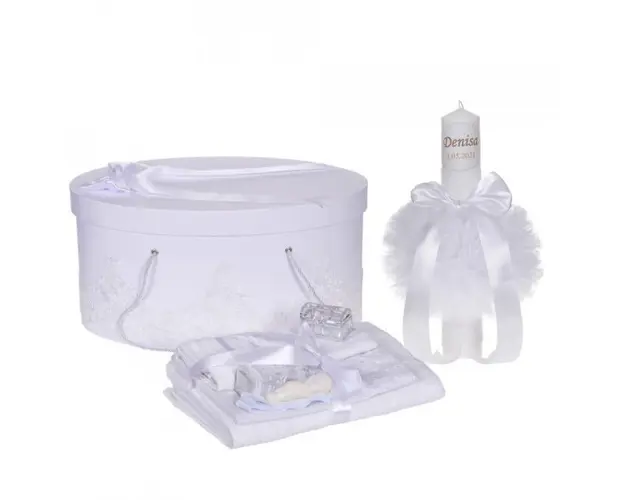 Set elegant trusou botez, cutie trusou si lumanare personalizata cu nume, decor dantela Alba, Denikos® 943