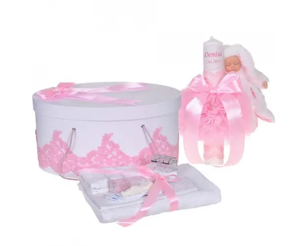 Set elegant trusou botez, cutie trusou si lumanare personalizata cu nume, decor dantela Roz cu iepuras, Denikos® 944