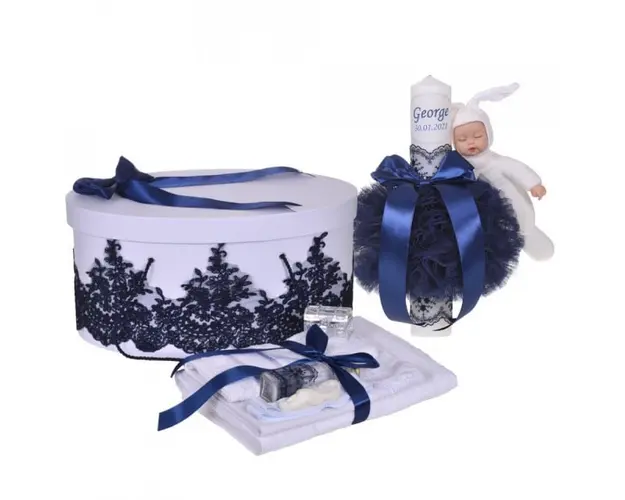 Set elegant trusou botez, cutie trusou si lumanare personalizata cu nume, decor dantela Bleumarin cu iepuras, Denikos® 945