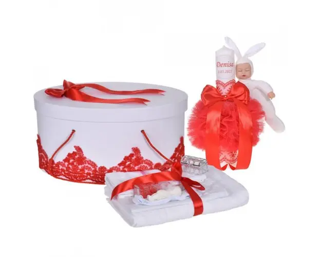 Set elegant trusou botez, cutie trusou si lumanare personalizata cu nume, decor dantela Rosie cu iepuras, Denikos® 946