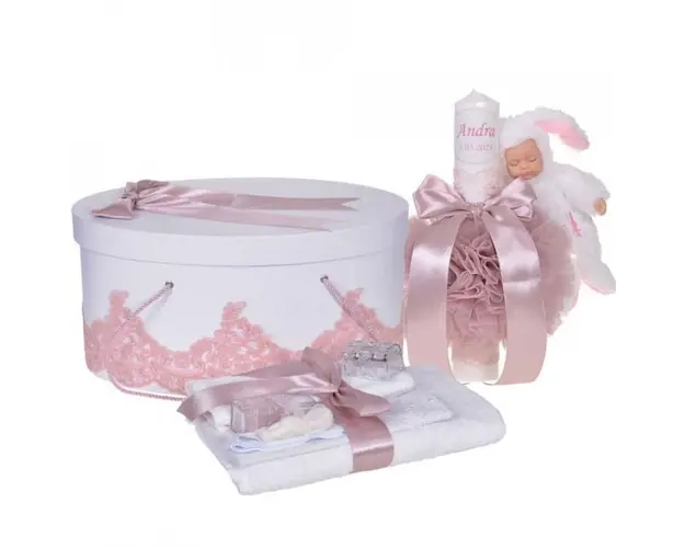 Set elegant trusou botez, cutie trusou si lumanare personalizata cu nume, decor dantela Roz pudra cu iepuras, Denikos® 947