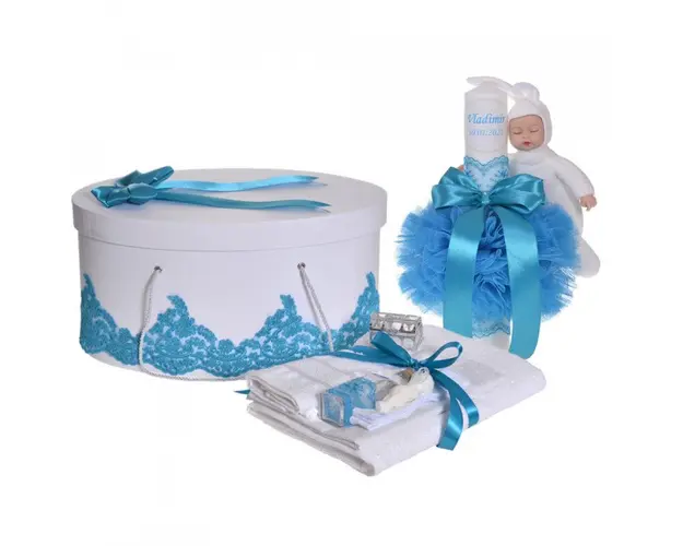 Set elegant trusou botez, cutie trusou si lumanare personalizata cu nume, decor dantela Turcoaz cu iepuras, Denikos® 951
