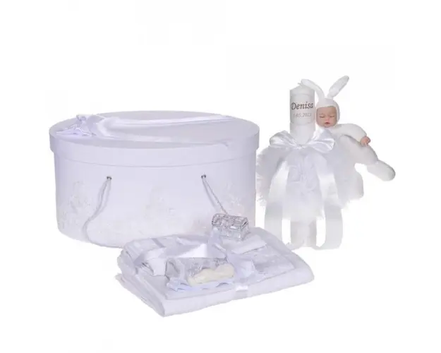 Set elegant trusou botez, cutie trusou si lumanare personalizata cu nume, decor dantela Alba cu iepuras, Denikos® 952