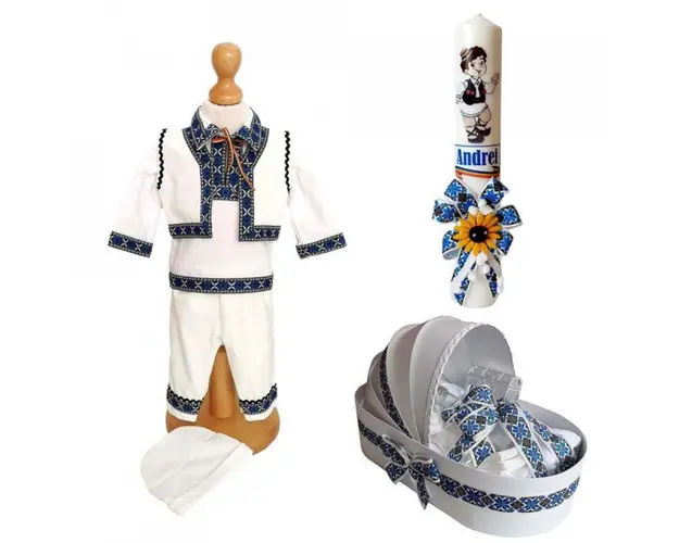Set hainute botez, trusou si lumanare personalizata, decor traditional, Denikos® C9000