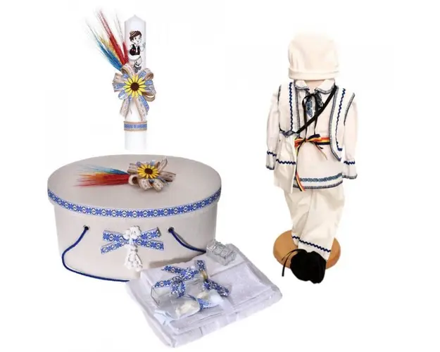Set national, trusou botez, cutie trusou, lumanare si costum traditional baietel, Denikos® C9091