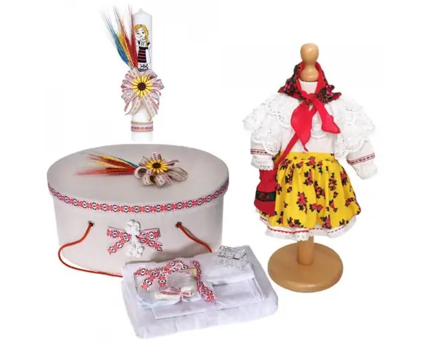 Set rochita botez populara, trusou botez, cutie trusou si lumanare, decor rustic, Denikos® C9099