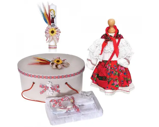 Set rochita botez traditionala, trusou botez, cutie trusou si lumanare, decor rustic, Denikos® C9098