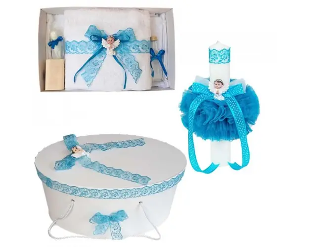 Set trusou botez, cutie trusou si lumanare, dantela si Ingeras, decor Turcoaz, Denikos® 561