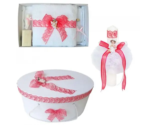Set trusou botez, cutie trusou si lumanare, dantela si Ingeras, decor Corai, Denikos® 563