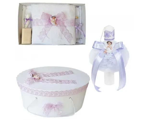 Set trusou botez, cutie trusou si lumanare, dantela si Ingeras, decor Lila, Denikos® 565