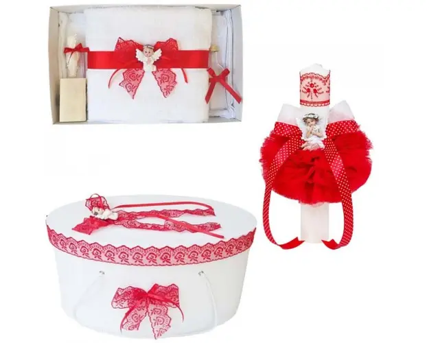 Set trusou botez, cutie trusou si lumanare, dantela si Ingeras, decor Rosu, Denikos® 567