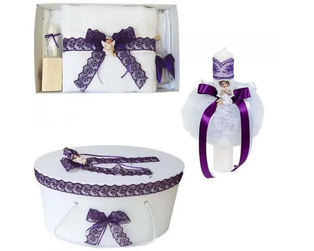 Set trusou botez, cutie trusou si lumanare, dantela si Ingeras, decor Mov, Denikos® 566