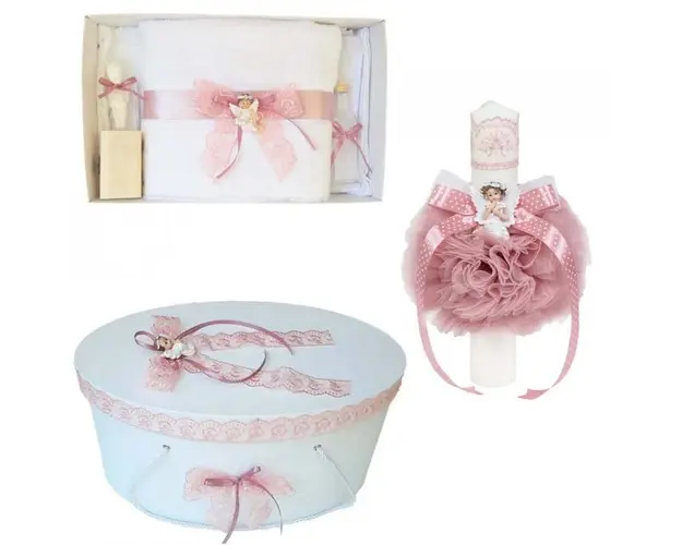 Set trusou botez, cutie trusou si lumanare, dantela si Ingeras, decor Roz Pudra, Denikos® 564