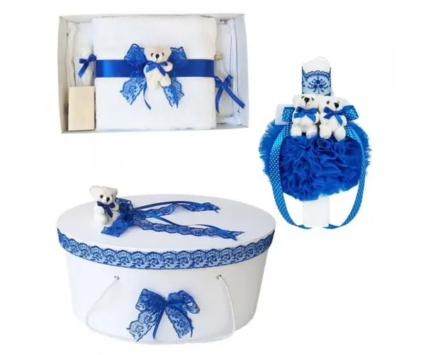 Set trusou botez, cutie trusou si lumanare, dantela si Ursuleti, decor albastru, Denikos® 554