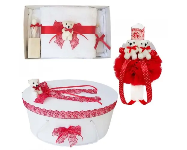 Set trusou botez, cutie trusou si lumanare, dantela si Ursuleti, decor Rosu, Denikos® 559