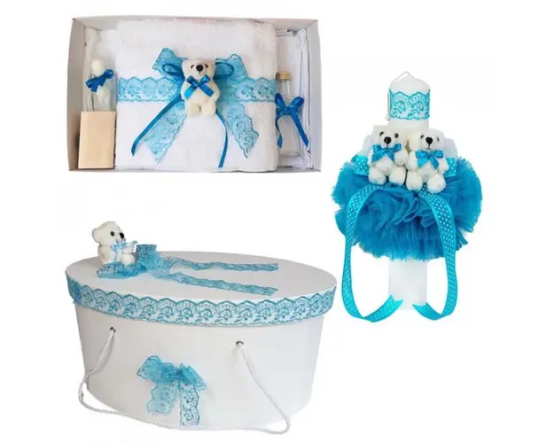 Set trusou botez, cutie trusou si lumanare, dantela si Ursuleti, decor Turcoaz, Denikos® 560