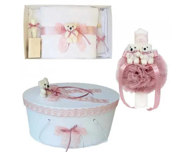 Set trusou botez, cutie trusou si lumanare, dantela si Ursuleti, decor roz pudra, Denikos® 556