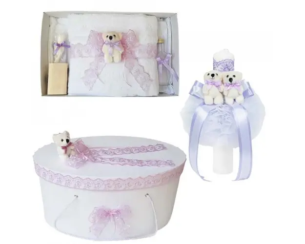 Set trusou botez, cutie trusou si lumanare, dantela si Ursuleti, decor Lila, Denikos® 557
