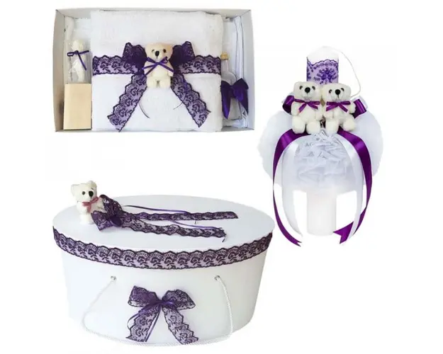 Set trusou botez, cutie trusou si lumanare, dantela si Ursuleti, decor Mov, Denikos® 558