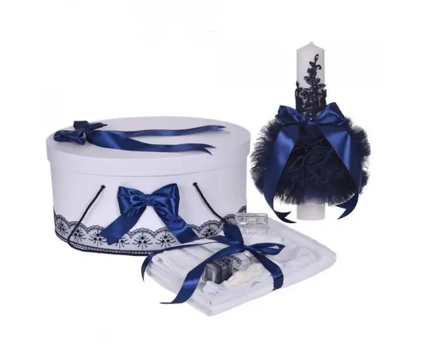 Set trusou botez, cutie trusou si lumanare, decor elegant dantela Bleumarin, Denikos® 918