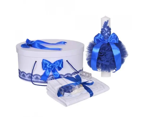 Set trusou botez, cutie trusou si lumanare, decor elegant dantela Albastra, Denikos® 921