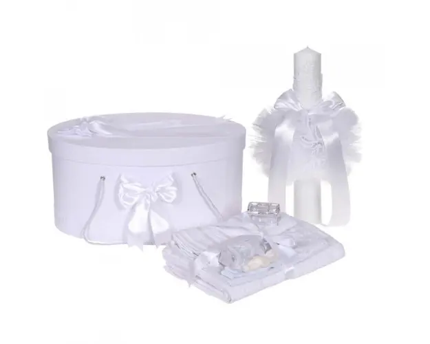 Set trusou botez, cutie trusou si lumanare, decor elegant dantela Alba, Denikos® 925