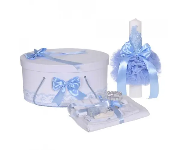 Set trusou botez, cutie trusou si lumanare, decor elegant dantela Bleu, Denikos® 922