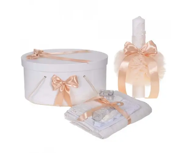 Set trusou botez, cutie trusou si lumanare, decor elegant dantela Crem, Denikos® 923