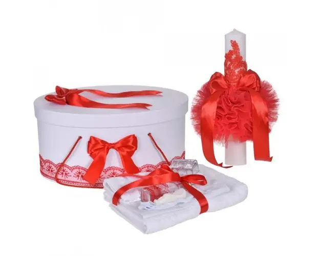 Set trusou botez, cutie trusou si lumanare, decor elegant dantela Rosie, Denikos® 919