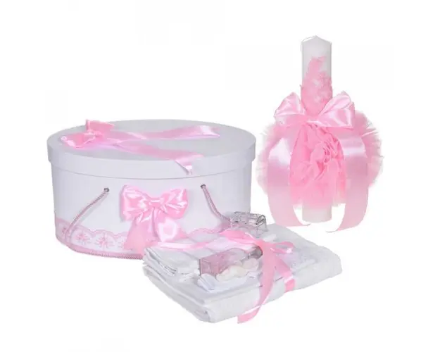 Set trusou botez, cutie trusou si lumanare, decor elegant dantela Roz, Denikos® 917