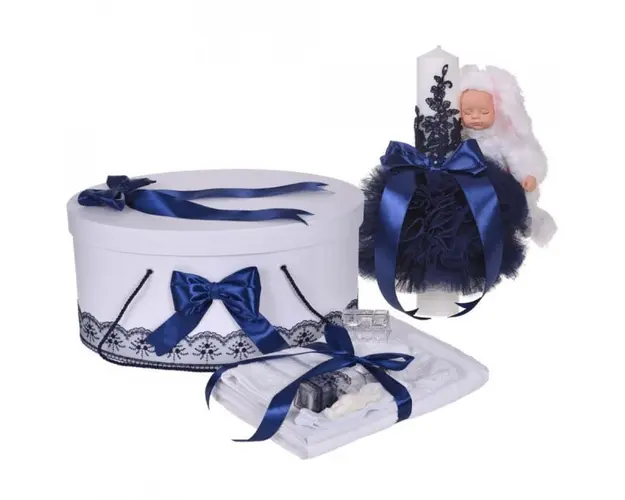 Set trusou botez, cutie trusou si lumanare iepuras pufos, dantela si fundite, decor Bleumarin, Denikos® 891