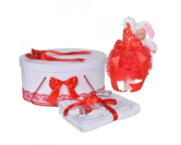 Set trusou botez, cutie trusou si lumanare iepuras pufos, dantela si fundite, decor Rosu, Denikos® 892