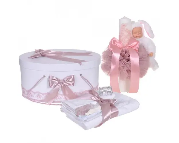 Set trusou botez, cutie trusou si lumanare iepuras pufos, dantela si fundite, decor Roz pudra, Denikos® 893