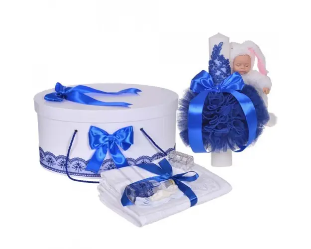 Set trusou botez, cutie trusou si lumanare iepuras pufos, dantela si fundite, decor Albastru, Denikos® 894