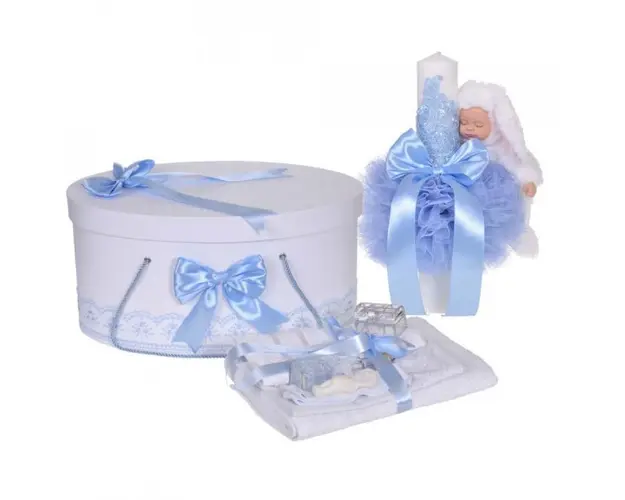 Set trusou botez, cutie trusou si lumanare iepuras pufos, dantela si fundite, decor Bleu, Denikos® 895