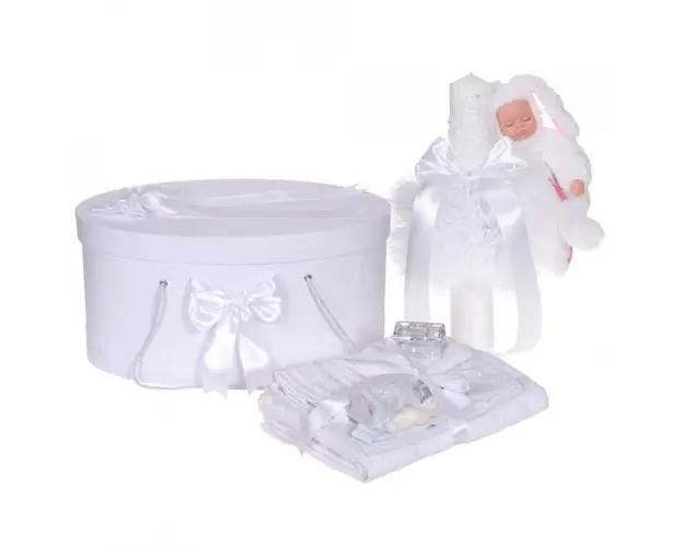 Set trusou botez, cutie trusou si lumanare iepuras pufos, dantela si fundite, decor Alb, Denikos® 898