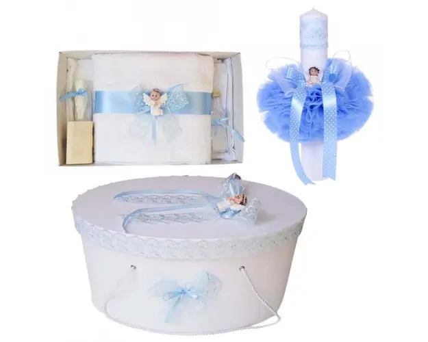 Set trusou botez, cutie trusou si lumanare, Ingeras, dantela bleu, Denikos® 472
