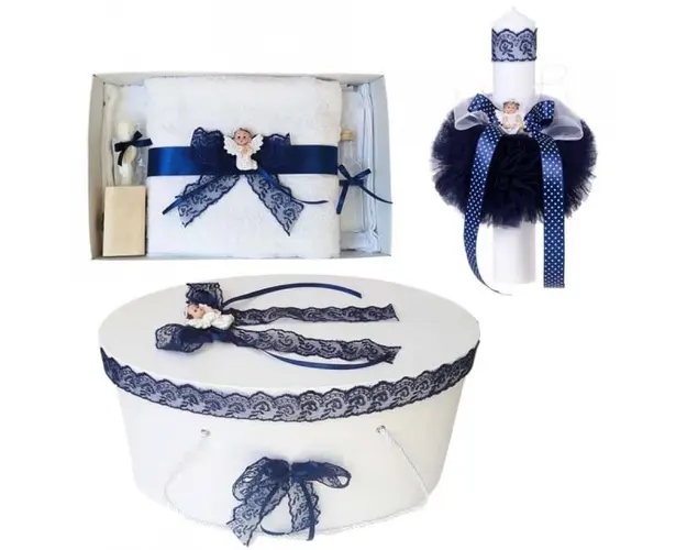 Set trusou botez, cutie trusou si lumanare, Ingeras, dantela bleumarin, Denikos® 473
