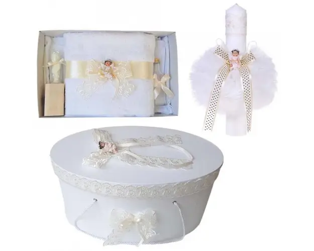 Set trusou botez, cutie trusou si lumanare, Ingeras, dantela ivoire, Denikos® 471